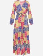 rosa Rochie din viscoză Albastru-Galben cu decolteu petrecut cu elastic în talie și cordon textil Fulina