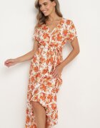 rosa Rochie din Viscoză Portocalie cu croi evazat cu elastic în talie și curea din material Vikletta