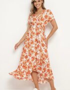 rosa Rochie din Viscoză Portocalie cu croi evazat cu elastic în talie și curea din material Vikletta
