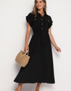 rosa Rochie Evazată Din viscoză Neagră Cu elastic în talie Ornată cu nasturi Lemvia