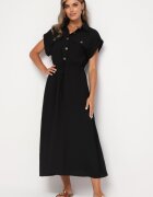 rosa Rochie Evazată Din viscoză Neagră Cu elastic în talie Ornată cu nasturi Lemvia