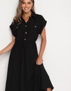 rosa Rochie Evazată Din viscoză Neagră Cu elastic în talie Ornată cu nasturi Lemvia