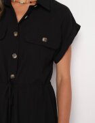 rosa Rochie Evazată Din viscoză Neagră Cu elastic în talie Ornată cu nasturi Lemvia