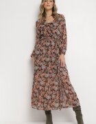 rosa Rochie Evazată Florală Negru-Bej cu Elastic în Talie Veprime