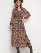 rosa Rochie Evazată Florală Negru-Bej cu Elastic în Talie Veprime