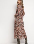 rosa Rochie Evazată Florală Negru-Bej cu Elastic în Talie Veprime