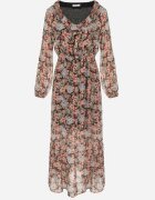 rosa Rochie Evazată Florală Negru-Bej cu Elastic în Talie Veprime