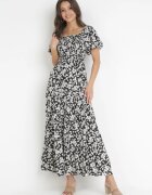 rosa Rochie Evazată Maxi Neagră Florală Casceia