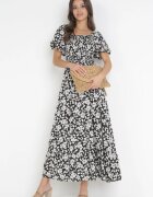 rosa Rochie Evazată Maxi Neagră Florală Casceia