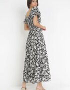 rosa Rochie Evazată Maxi Neagră Florală Casceia