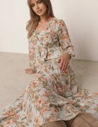 rosa Rochie Evazată Mentă cu flori Maxi cu elastic și legătură în talie Manirisa