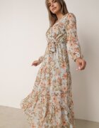 rosa Rochie Evazată Mentă cu flori Maxi cu elastic și legătură în talie Manirisa