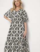 rosa Rochie Evazată Neagră din Viscoză cu Motiv Floral Loredia