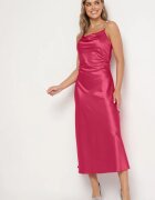 rosa Rochie Fucsia De cocktail din satin cu decolteu fluid și zirconii Lesalttia