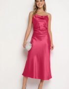 rosa Rochie Fucsia De cocktail din satin cu decolteu fluid și zirconii Lesalttia