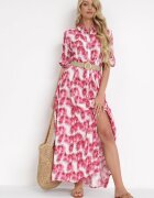 rosa Rochie Fucsia Evazată Maxi cu Centură Împletită și Buzunare Laterale Suttyn