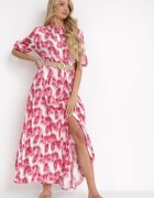 rosa Rochie Fucsia Evazată Maxi cu Centură Împletită și Buzunare Laterale Suttyn