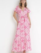 rosa Rochie Fucsia Evazată Maxi cu Centură Legată Aziza