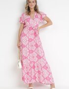 rosa Rochie Fucsia Evazată Maxi cu Centură Legată Aziza