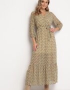 rosa Rochie Galben-Verde Petrecută cu Volan și Curea Legată Luftare