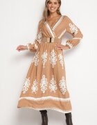 rosa Rochie Imprimată Bej din Viscoză cu croială petrecută cu elastic în talie și curea Tifirae