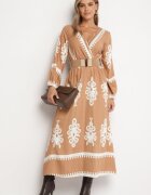 rosa Rochie Imprimată Bej din Viscoză cu croială petrecută cu elastic în talie și curea Tifirae