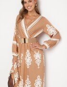 rosa Rochie Imprimată Bej din Viscoză cu croială petrecută cu elastic în talie și curea Tifirae