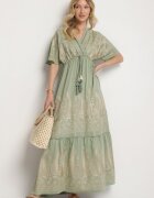 rosa Rochie Kopertowa Verde din Viscoză Decorată cu Franjuri și Broderie Metalică Redeirae