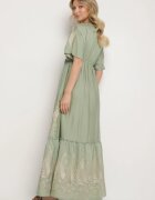 rosa Rochie Kopertowa Verde din Viscoză Decorată cu Franjuri și Broderie Metalică Redeirae