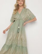 rosa Rochie Kopertowa Verde din Viscoză Decorată cu Franjuri și Broderie Metalică Redeirae