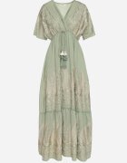 rosa Rochie Kopertowa Verde din Viscoză Decorată cu Franjuri și Broderie Metalică Redeirae