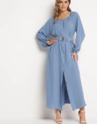 rosa Rochie lejeră albastră maxi cu nasturi și curea cu cataramă decorativă Liriti
