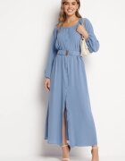 rosa Rochie lejeră albastră maxi cu nasturi și curea cu cataramă decorativă Liriti