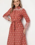 rosa Rochie maro deschis cu croială tip cămașă cu cordon legat decorată cu broderie Valentirae