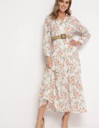 rosa Rochie Maxi Albă Cloș cu Guler și Curea Împletită Celline