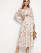 rosa Rochie Maxi Albă Cloș cu Guler și Curea Împletită Celline