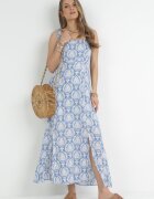 rosa Rochie Maxi Albastră cu Vâscoză pe Bretele cu Elastice Subțiri și Fentă Aviga