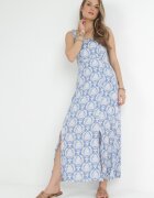 rosa Rochie Maxi Albastră cu Vâscoză pe Bretele cu Elastice Subțiri și Fentă Aviga