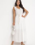 rosa Rochie Maxi Cloș Albă cu șnur împletit în talie Ralica
