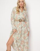 rosa Rochie Maxi Evazată Mentă cu Guler și Curea Împletită Celline