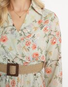 rosa Rochie Maxi Evazată Mentă cu Guler și Curea Împletită Celline