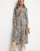 rosa Rochie Maxi Gri cu imprimeu leopard cu elastic în talie și curea împletită cu cataramă Anandra