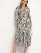 rosa Rochie Maxi Gri cu imprimeu leopard cu elastic în talie și curea împletită cu cataramă Anandra