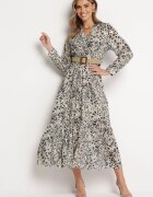 rosa Rochie Maxi Gri cu imprimeu leopard cu elastic în talie și curea împletită cu cataramă Anandra