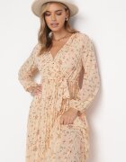 rosa Rochie Maxi Jasnopomarańczowa cu elastic în talie și tiv plisat Danora