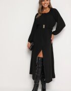 rosa Rochie Maxi Lejeră Neagră cu Nasturi și Curea cu Cataramă Decorativă Liriti