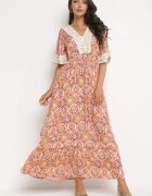 rosa Rochie Maxi Portocalie în stil Boho din viscoză decorată cu dantelă și volan Kamrius