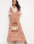 rosa Rochie Maxi Portocalie în stil Boho din viscoză decorată cu dantelă și volan Kamrius
