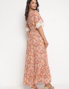 rosa Rochie Maxi Portocalie în stil Boho din viscoză decorată cu dantelă și volan Kamrius