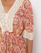 rosa Rochie Maxi Portocalie în stil Boho din viscoză decorată cu dantelă și volan Kamrius